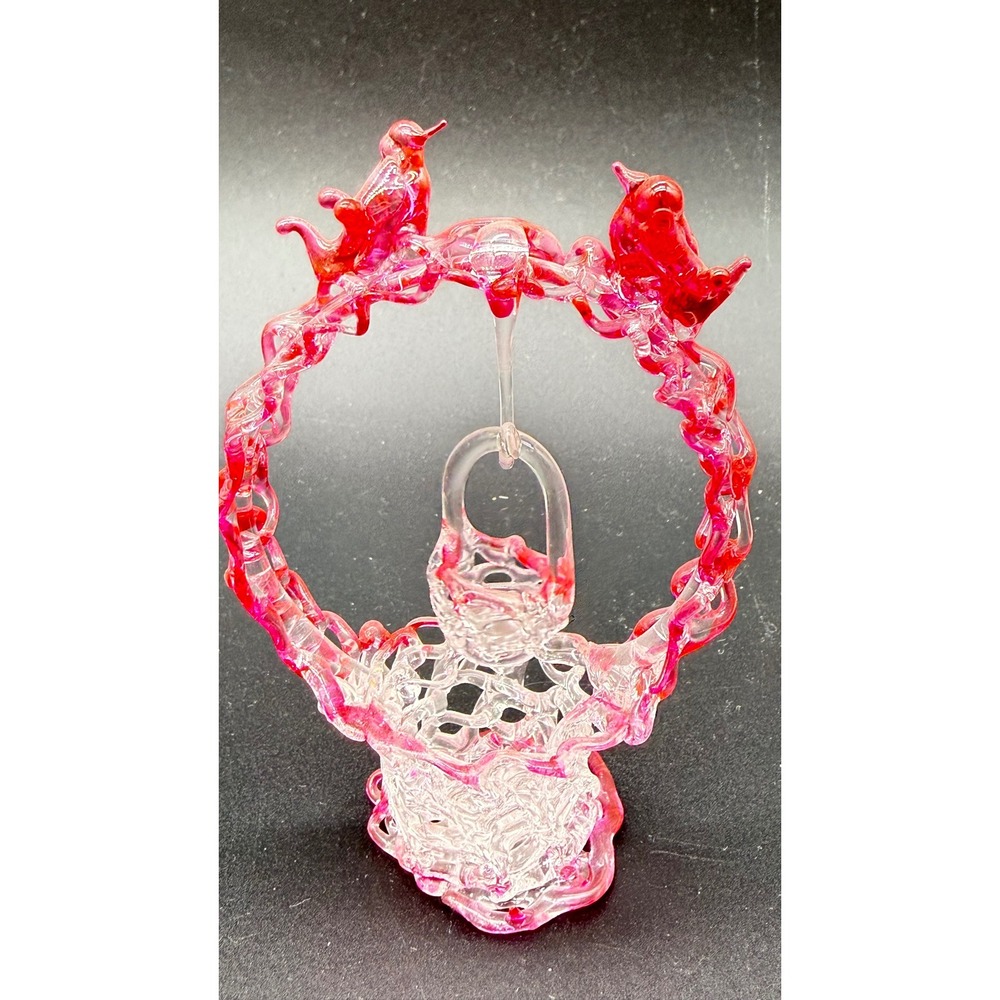 Vintage Hand Blown Spun Glass Basket Figurine Red Birds Pink Clear Art Glass